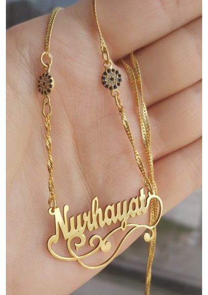 925 Ayar Gümüş 24 Ayar Altın Kaplama 2 Nazar Boncuklu Isimli Kolye