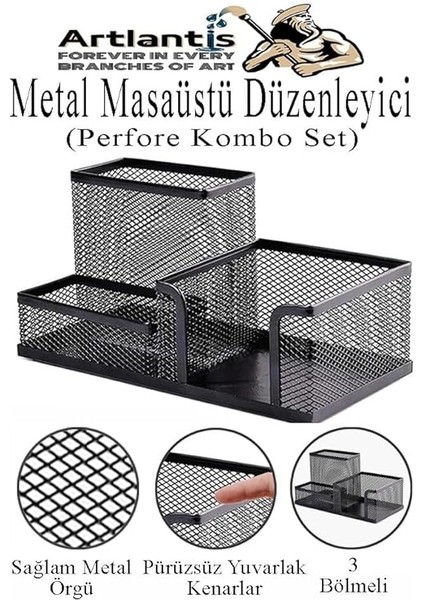 Metal Kalemlik Seti 3 Lü Kombo 1 Paket Fileli Perfore Siyah Kalemlik Ataşlık Kağıtlık Küpnotluk Düzenleyici modelleri