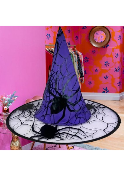 Hallowen cadı şapkası Mor DevÖrümcek Desenli