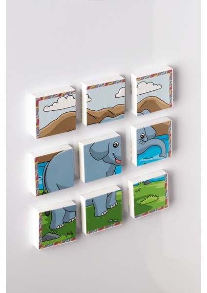 Manyetik Blok Çift Taraflı 9 Parçalı Mıknatıslı Puzzle 2 Görsel Zürafa-Fil Yapboz