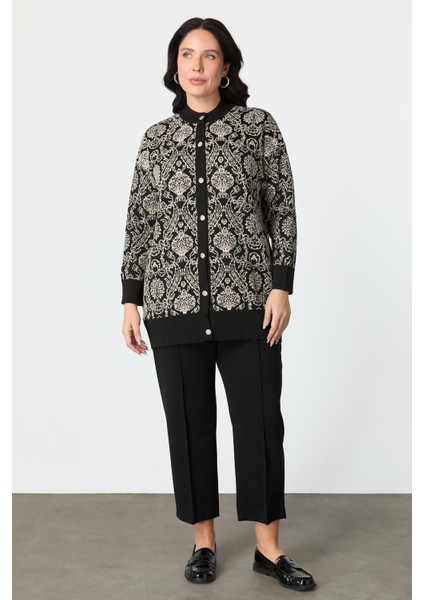 Büyük Beden Soyut Desenli Triko Hırka-Siyah/kemik fiyatları