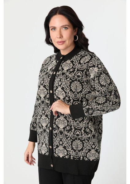 Büyük Beden Soyut Desenli Triko Hırka-Siyah/kemik fırsatları