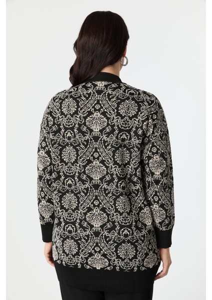 Büyük Beden Soyut Desenli Triko Hırka-Siyah/kemik