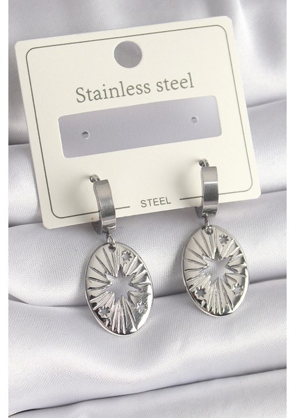 Bfs 316L Çelik Gümüş Renk Kutup Yıldızı Işleme Kadın Küpe