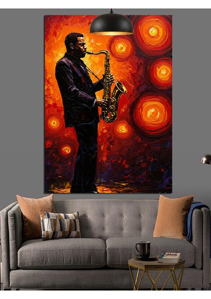 Kırmızı Işık ve Saksafon Çalan Çalan Adam Dekoratif Kanvas - Mdf Ahşap Tablo fiyatları