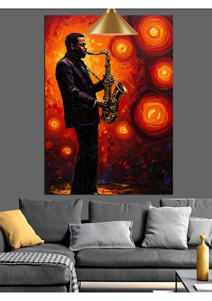 Kırmızı Işık ve Saksafon Çalan Çalan Adam Dekoratif Kanvas - Mdf Ahşap Tablo indirimleri