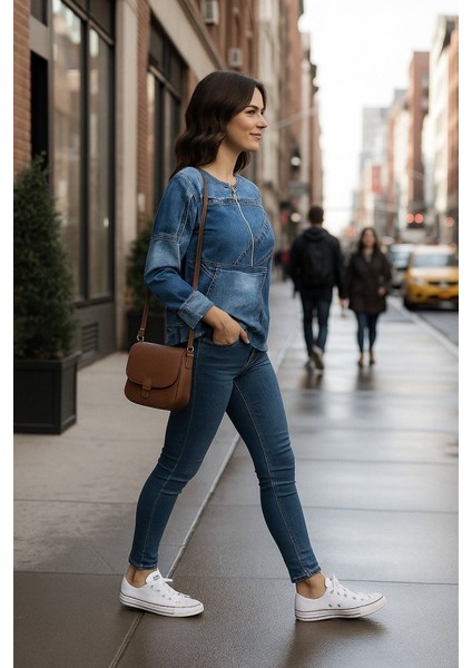 Kadın Uzun Kollu Yakadan Fermuarlı Kot Görünüm Desenli Uzun Modal Bluz fiyatları