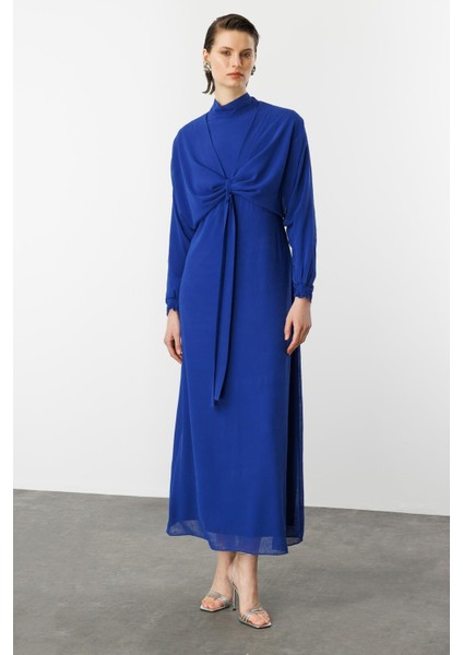 Şal Detaylı Uzun Şifon Elbise-Sax modelleri