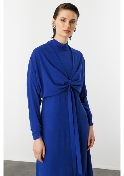 Şal Detaylı Uzun Şifon Elbise-Sax indirimleri