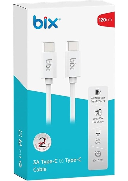 BX-UC02C 60W Type-C To Type-C Hızlı Şarj ve Data Kablosu 1.2 Metre Beyaz indirimleri