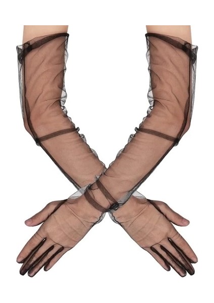 Uzun Boy Likralı Siyah Yetişkin Mega Tül Eldiven