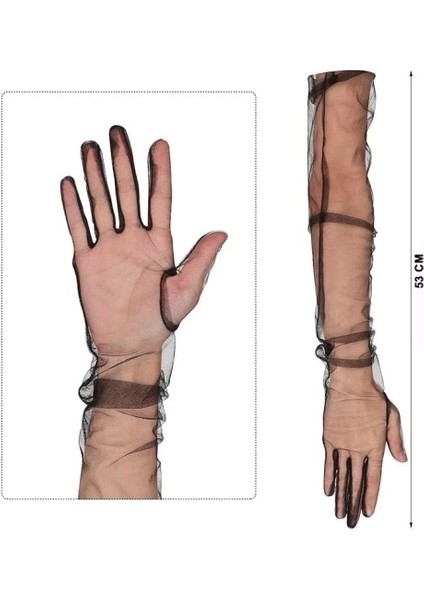 Uzun Boy Likralı Siyah Yetişkin Mega Tül Eldiven modelleri