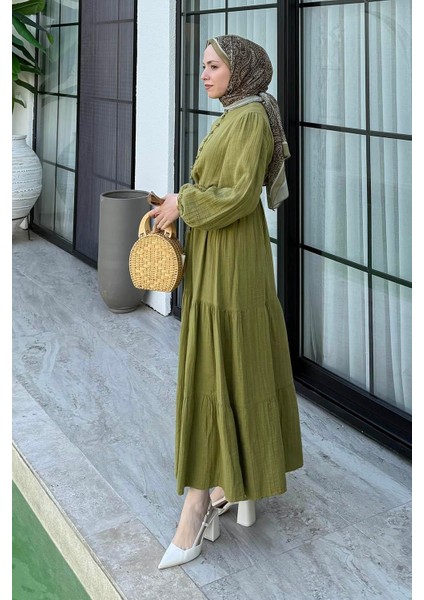 Bel Büzgülü Tesettür Elbise Çağla Yeşili fiyatları