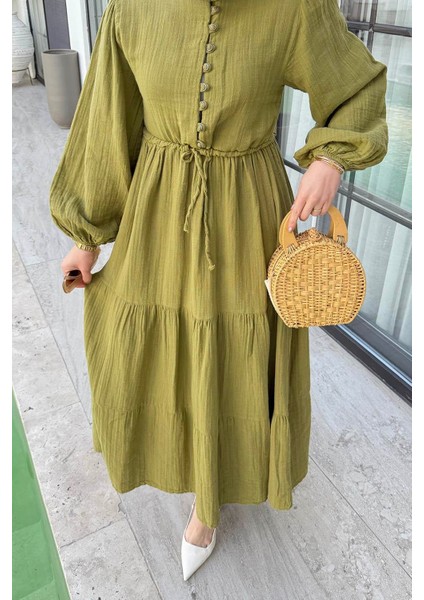 Bel Büzgülü Tesettür Elbise Çağla Yeşili modelleri