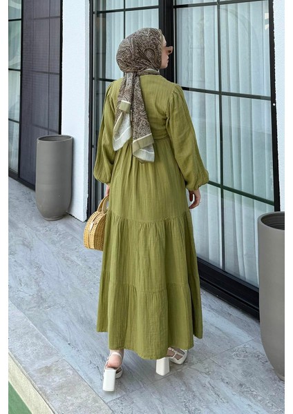 Bel Büzgülü Tesettür Elbise Çağla Yeşili fırsatları
