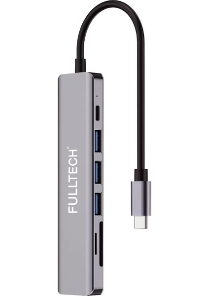 Fh8 Fulltech 7-In-1 Usb-C Hub 3xusb-A, 1xusb-C ve 1xhdmı ve Tf/sd Kard Girişli, Metalik USB Çoklayıcı
