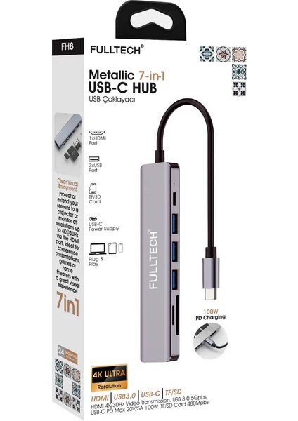 Fh8 Fulltech 7-In-1 Usb-C Hub 3xusb-A, 1xusb-C ve 1xhdmı ve Tf/sd Kard Girişli, Metalik USB Çoklayıcı fiyatları