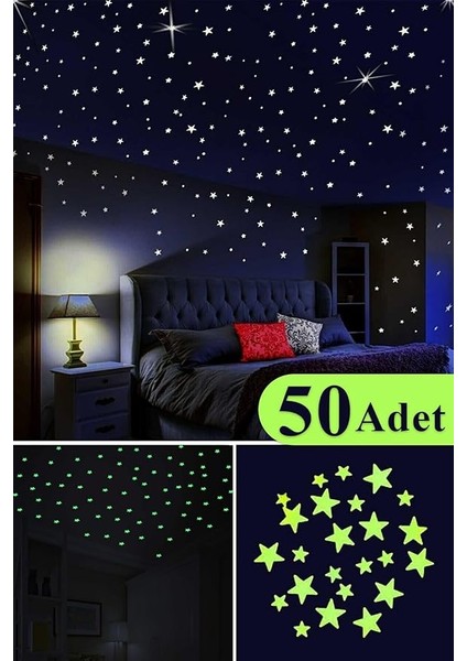Sticker Karanlıkta Parlayan Fosforlu Ay ve Yıldız Tasarımlı Dekoratif (50 Adet Yıldız) fiyatları