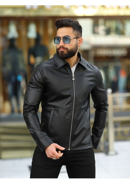 Erkek Slim Fit Suni Deri Ceket Fermuarlı Polo Yaka Şık ve Rahat Kullanım fiyatları