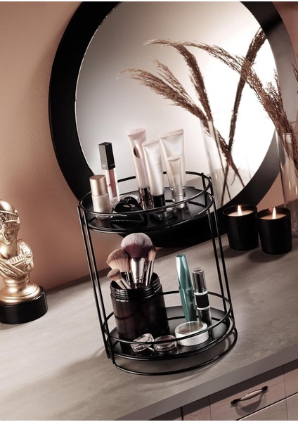 Haus Kozmetik Takı Düzenleyici Çok Amaçlı Organizer 2 Katlı Servis Sunum Tepsisi Siyah