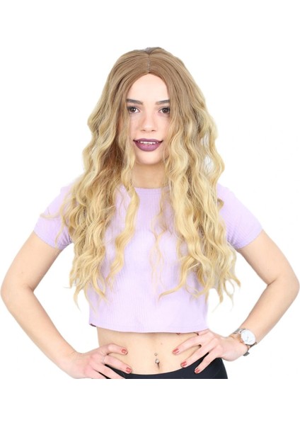 Su Dalgası Uzun Perçemsiz Fiber Sentetik Peruk - Kumral / Sarı Ombreli