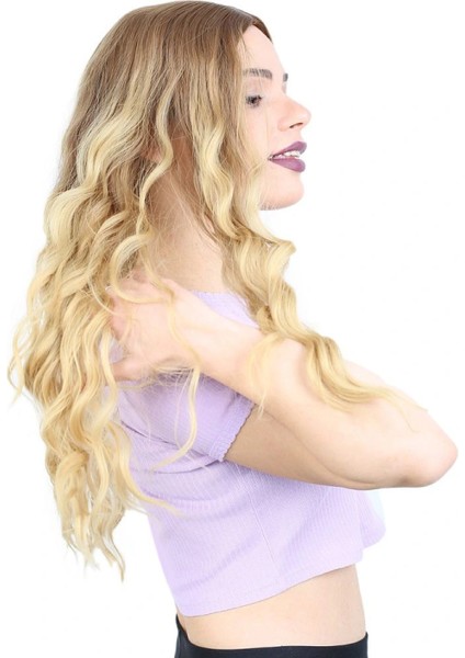 Su Dalgası Uzun Perçemsiz Fiber Sentetik Peruk - Kumral / Sarı Ombreli fiyatları