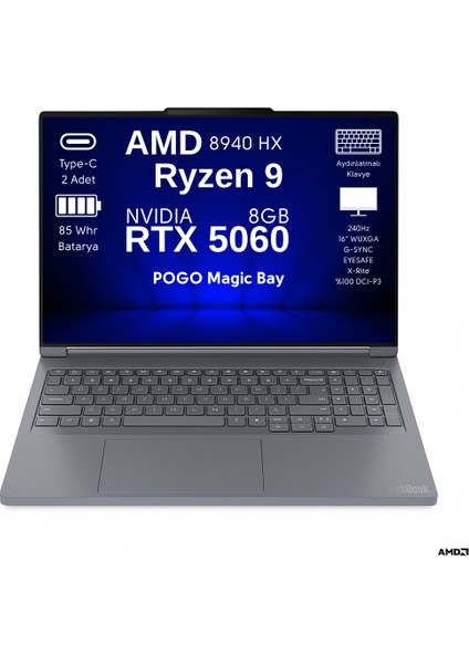 Thinkbook 16P Amd Ryzen 9 8940HX 32GB 1tb SSD Nvidia Geforce Rtx 5060 8gb Ekran Kartı 16" Wqxga IPS 500NITS 240Hz G-Sync Ekran Freedos Taşınabilir Bilgisayar 21U00013TX
