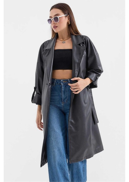 Bıgdart K26 1034 Sıyah Kadın Kusaklı Sunı Derı Trenckot