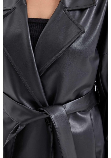 Bıgdart K26 1034 Sıyah Kadın Kusaklı Sunı Derı Trenckot
