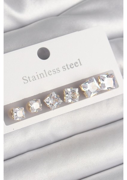 316L Çelik Gold Renk Kare Zirkon Taş Model Kadın Küpe Seti