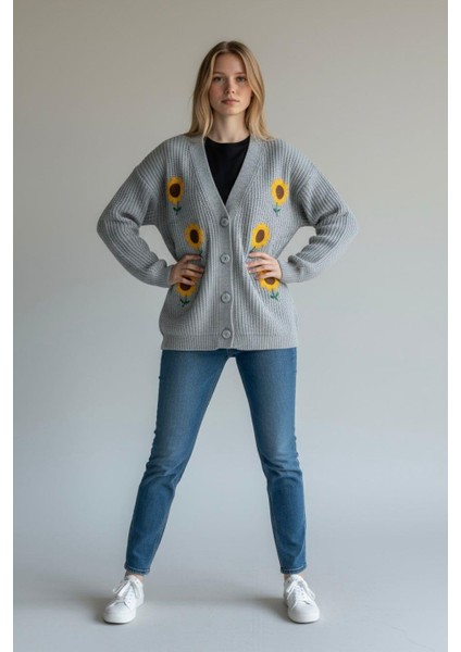 Şardonlu Pamuklu Çiçek Motifli Hırka