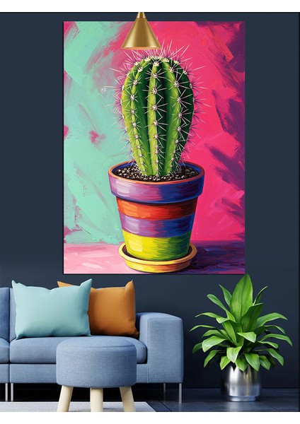 Parlak Pembe Saksıda Yeşil Kaktüs Bitkisi Dekoratif Kanvas - Mdf Ahşap Tablo