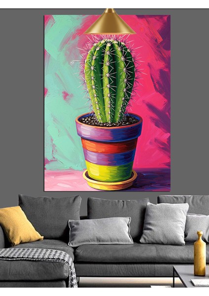 Parlak Pembe Saksıda Yeşil Kaktüs Bitkisi Dekoratif Kanvas - Mdf Ahşap Tablo modelleri