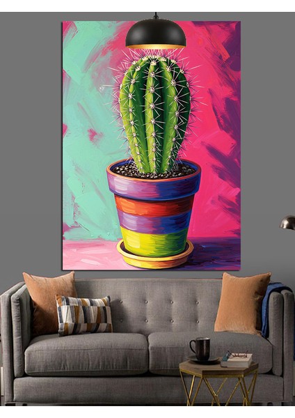 Parlak Pembe Saksıda Yeşil Kaktüs Bitkisi Dekoratif Kanvas - Mdf Ahşap Tablo indirimleri