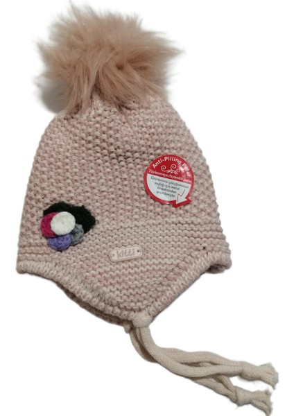 Kız Bebek Çiçek Figürlü Kulak Korumalı Ponponlu Örgü Bere 0-18 Ay