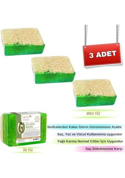 Organicsun Doğal Kabak Lifli Çay Ağacı Sabunu 120 gr x 3 Adet Tüm Cilt Tipleri Için Sivilce ve Siyah Nokta Karşıtı