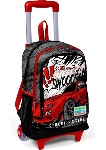 High Işıklı Tekerlekli Yarış Çekçek Okul ve Seyahat Çantası Erkek Çocuk Kırmızı Siyah