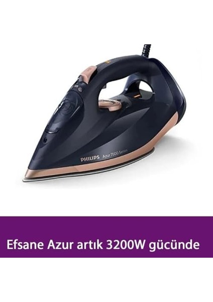7500 Serisi Buharlı Ütü, 3200W, 55G/DK Sürekli Buhar, Steamglide Taban, 260G Şok Buhar, Mavi/ Rengi, 300ML&APOS;LIK Ekstra Geniş Su Haznesi, DST7510/80 modelleri
