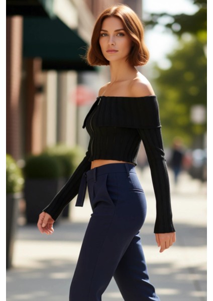 Kadın Carmen Yaka Fermuar Detaylı Örme Crop Bluz Kaliteli Şık Rahat Modern Zarif Günlük