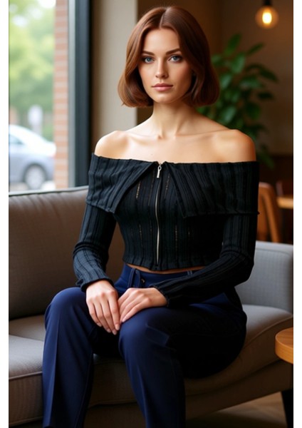 Kadın Carmen Yaka Fermuar Detaylı Örme Crop Bluz Kaliteli Şık Rahat Modern Zarif Günlük fiyatları