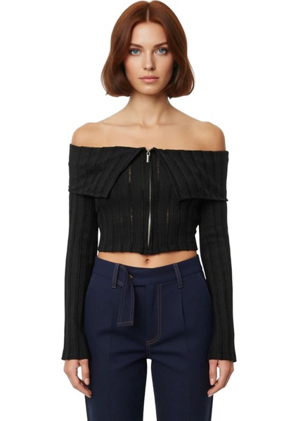 Kadın Carmen Yaka Fermuar Detaylı Örme Crop Bluz Kaliteli Şık Rahat Modern Zarif Günlük modelleri