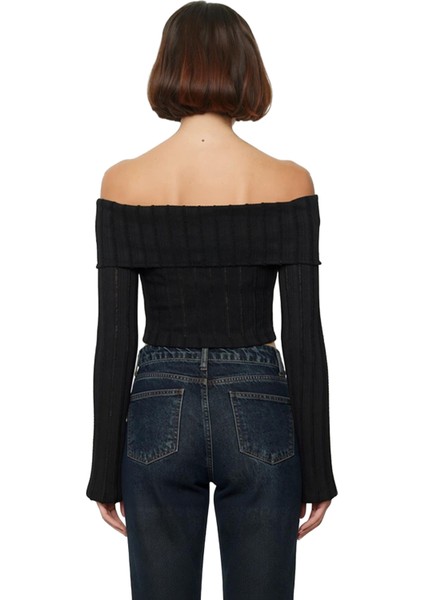 Kadın Carmen Yaka Fermuar Detaylı Örme Crop Bluz Kaliteli Şık Rahat Modern Zarif Günlük fırsatları