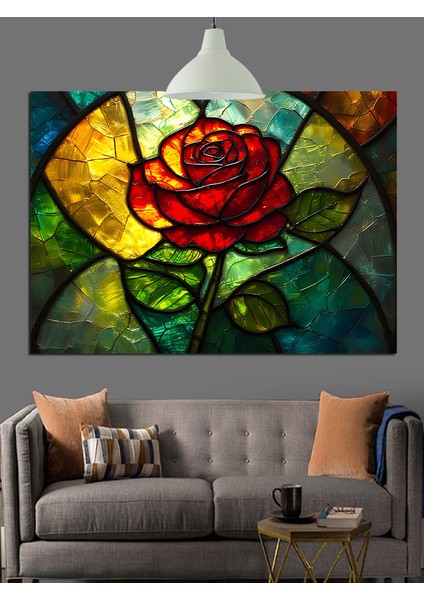 Vitrayda Kırmızı Gül Yaprağı Dekoratif Kanvas - Mdf Ahşap Tablo