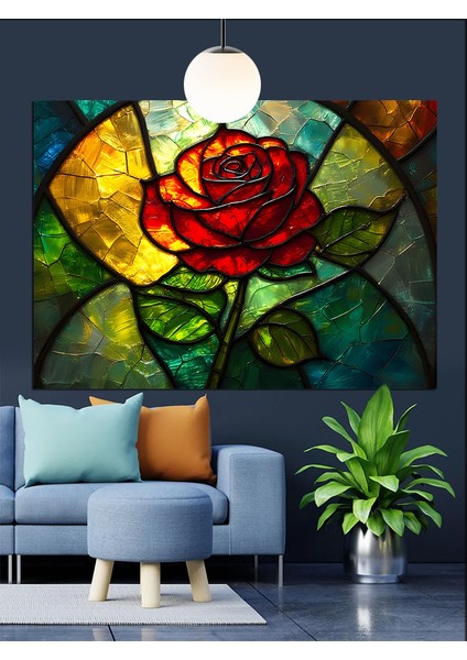 Vitrayda Kırmızı Gül Yaprağı Dekoratif Kanvas - Mdf Ahşap Tablo modelleri