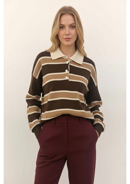 1018 Polo Yaka Çizgili Sweat Kahve