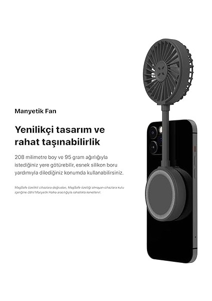 Smart Manyetik Fan Taşınabilir Vantilatör USB Type-C Şarj Edilebilir Ultra Sessiz 3 Hız Kademeli Soğutucu Magsafe Uyumlu Telefon Fanı (Gri) X6104 modelleri