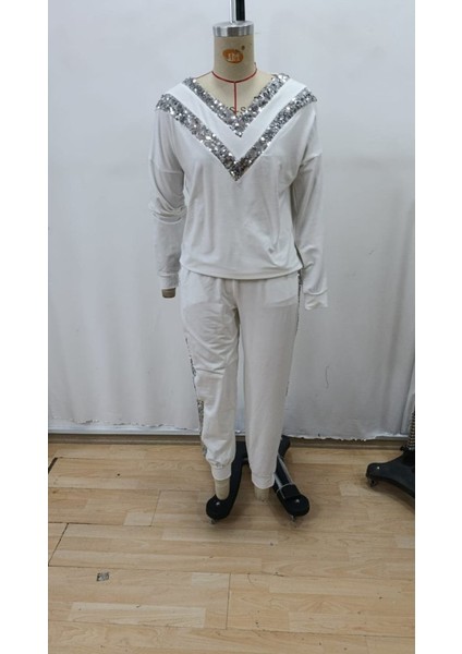 Kadın Uzun Kollu V Yakalı Pulpayetli Viskon Iki Iplik Bluz ve Pantolon