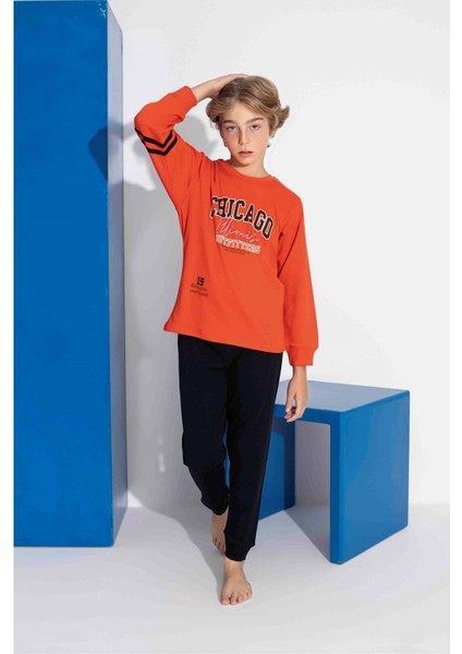 Tarık 10-15 Yaş Erkek Çocuk Chıcago Baskılı Interlok Pijama Takımı 4120320 - Turuncu