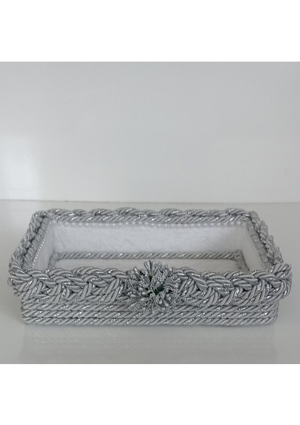 Gümüş Simli Ufak Örgü Sepet Organizer Havluluk Hediyelik Bohçalık Çeyizlik