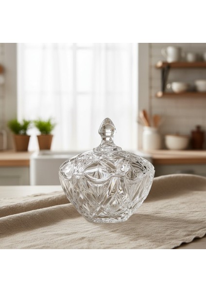 Lora Kristal Desen Kapaklı Parlak Cam Şekerlik 14X12 cm